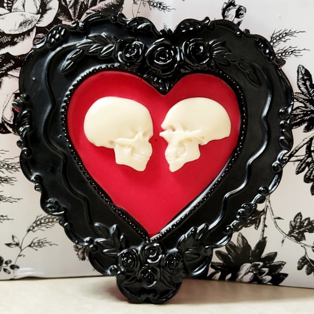 FOREVER LOVE • Black & Red Heart Frame with Skulls •Victorian Gothic 3D Wall Art